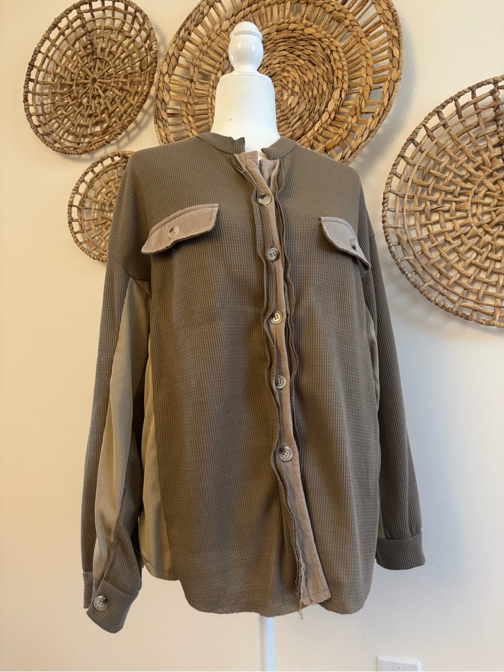 Button Front Waffle Knit Shacket in Olive Brown
